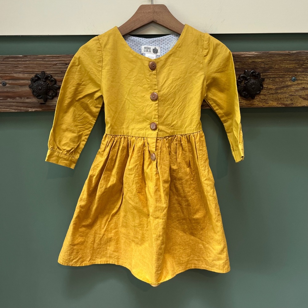Misha Lulu Girls Mustard Yellow Cotton Long Sleeve Button Front Tie Back Dress 6